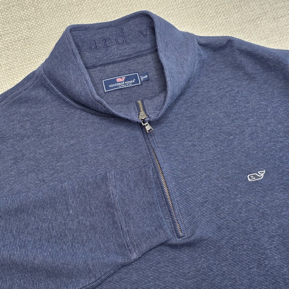 Vineyard Vines Mens 4XB Mock Neck Sweater 1/4 Zip Whale Logo Blue Stripe Stretch